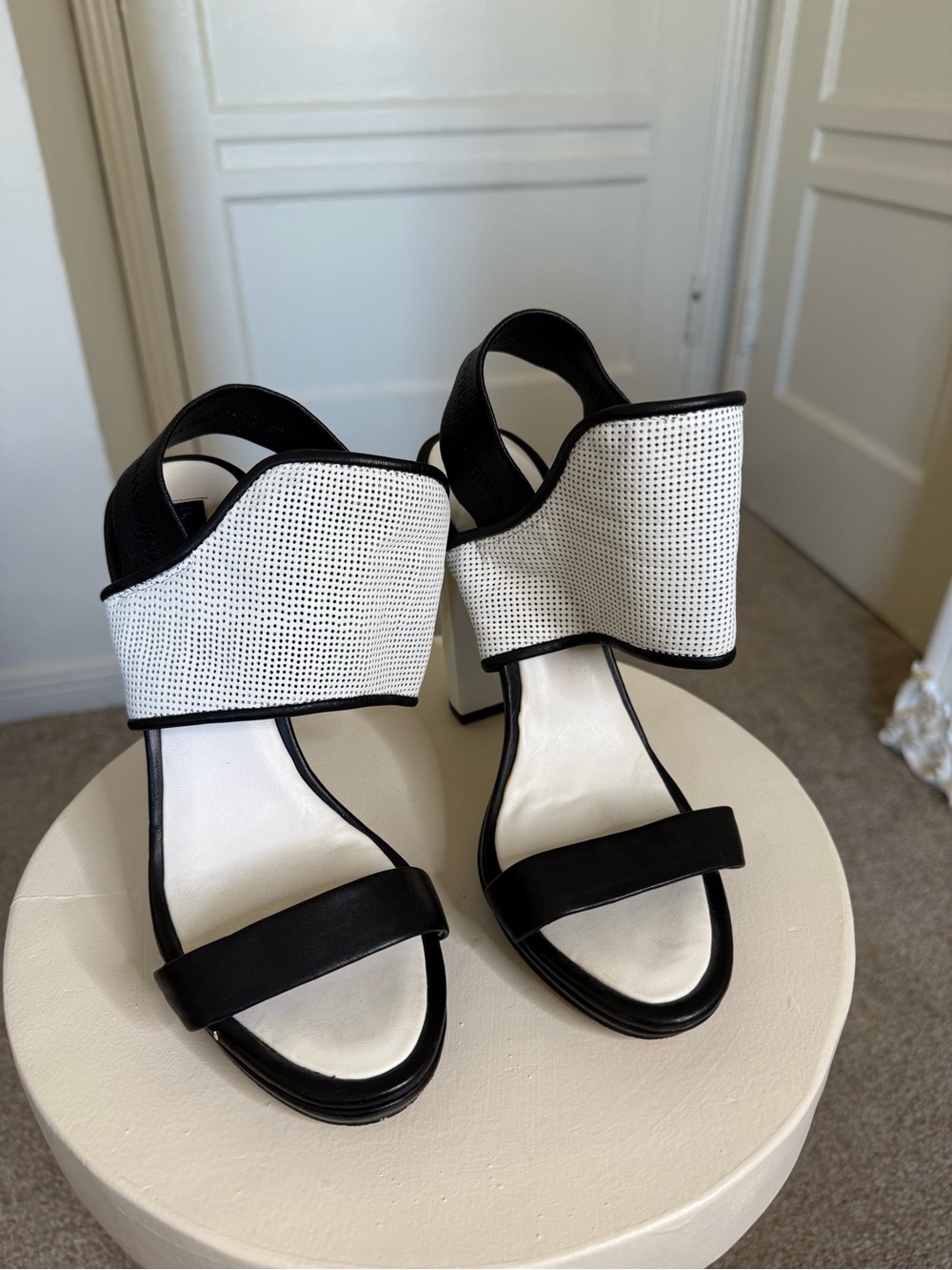 BCBGmaxazria Black and White Block Heel Sandals - Picture 3 of 5